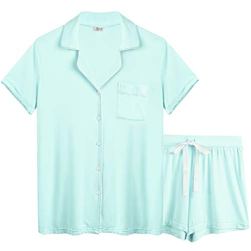 Joyaria Schlafanzug Damen Kurz Pyjama Set mit Knopfleiste/Knöpfe Jersey Kurzarm Zweiteiliger Nachtwäsche Hausanzug(Türkis, Größe XXL) von Joyaria