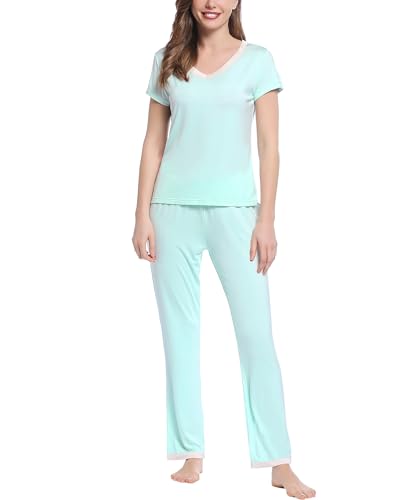 Joyaria Damen Schlafanzug Kurzarm Lange Schlafanzughosen Bambus Sommer Pyjama Set Dünn Hausanzug Zweiteiliger Sleepshirt Sleepswear(Aqua Grün,XL) von Joyaria