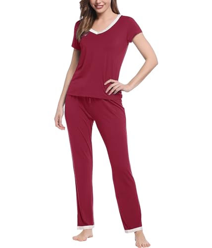 Joyaria Damen Schlafanzug Kurzarm Lange Schlafanzughosen Bambus Sommer Pyjama Set Dünn Hausanzug Zweiteiliger Sleepshirt Sleepswear(Burgund,XL) von Joyaria