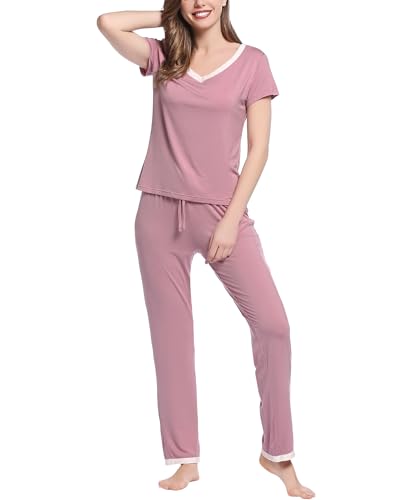 Joyaria Damen Schlafanzug Kurzarm Lange Schlafanzughosen Bambus Sommer Pyjama Set Dünn Hausanzug Zweiteiliger Sleepshirt Sleepswear(Staubige Rose,XL) von Joyaria