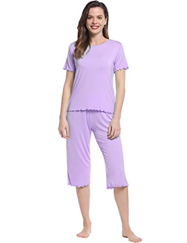 Joyaria Damen Schlafanzug für Frauen Pyjama Set Damen Hausanzug Zweiteiliger Sommer Nachtwäsche Kurzarm-Top und 3/4 Lange Caprihose(Helles Lila,S) von Joyaria