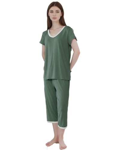 Joyaria Damen Schlafanzug Kurzarm Sommer Pyjama Set mit Capri Hose für Frauen Hausanzug Zweiteiliger Loungewear(Oliv,L) von Joyaria