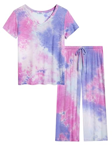 Joyaria Damen Schlafanzug Kurzarm Sommer Pyjama Set mit Capri Hose für Frauen Hausanzug Zweiteiliger Loungewear(Tie-Dye Lila,L) von Joyaria