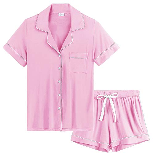 Joyaria Damen Schlafanzug Kurz mit Knopfleiste/Knöpfe Pyjama Geknöpft Baumwolle Kurzarm Nachtwäsche Hausanzug(Rosa, Größe M) von Joyaria