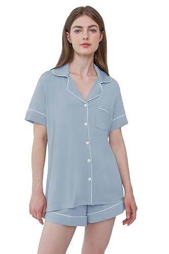 Joyaria Damen Schlafanzug Kurz mit Knopfleiste/Knöpfe Pyjama Geknöpft Baumwolle Kurzarm Nachtwäsche Hausanzug(Staubiges Blau, Größe M) von Joyaria