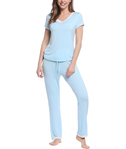 Joyaria Damen Schlafanzug Kurzarm Lange Schlafanzughosen Bambus Sommer Pyjama Set Dünn Hausanzug Zweiteiliger Sleepshirt Sleepswear(Hellblau,XL) von Joyaria