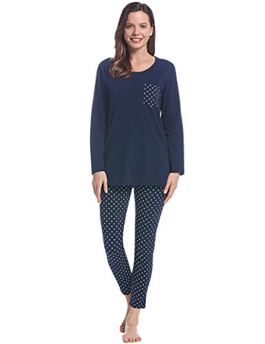 Joyaria Schlafanzug Damen Lang, Baumwolle Pyjama Zweiteiliger Leicht Langem Nachtwäsche Sets für Frauen mit Print Pyjama Leggings（Marineblau,Größe M von Joyaria