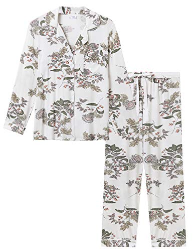 Joyaria Damen Schlafanzug Lang mit Knopfleiste/Winter Knöpfen Pyjama Langarm für Winter Nachtwäsche Hausanzug Zweiteiliger （Blumen,Größe M von Joyaria