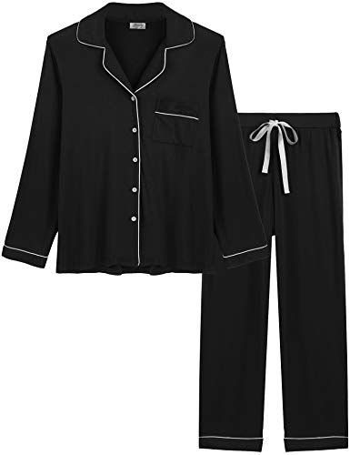 Joyaria Damen Schlafanzug Lang mit Knopfleiste/Winter Knöpfen Pyjama Langarm für Winter Nachtwäsche Hausanzug Zweiteiliger （Schwarz,Größe M von Joyaria