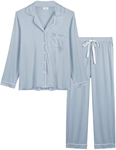 Joyaria Damen Schlafanzug Winter Pyjama für Frauen Lang Warme Nachtwäsche Lounge Set Langarm Sleepwear mit Knöpfen(Staubiges Blau,M) von Joyaria