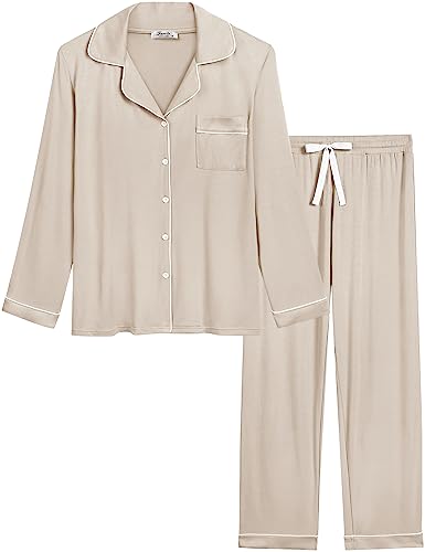 Joyaria Damen Schlafanzug Lang mit Knopfleiste Langarm Pyjama Set Winter Nachtwäsche Hausanzug PJs Zweiteiliger(Creme,L) von Joyaria