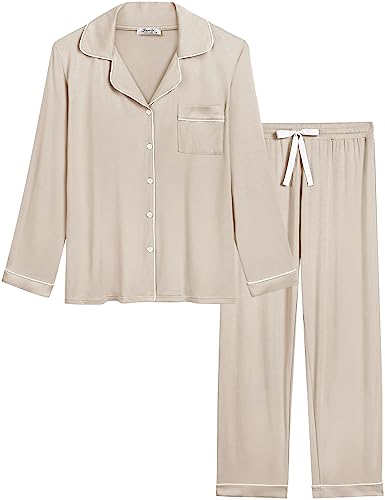 Joyaria Damen Schlafanzug Lang mit Knopfleiste/Winter Knöpfen Pyjama Langarm für Winter Nachtwäsche Hausanzug Zweiteiliger （Creme,Größe S von Joyaria