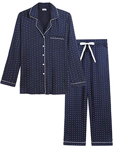 Joyaria Damen Schlafanzug Lang mit Knopfleiste/Winter Knöpfen Pyjama Langarm für Winter Nachtwäsche Hausanzug Zweiteiliger （Marineblaue Punkte,Größe XL von Joyaria