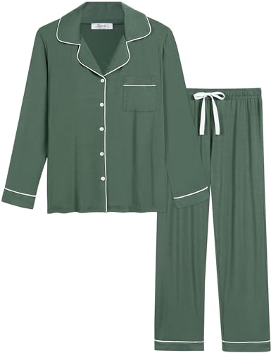 Joyaria Damen Schlafanzug Lang mit Knopfleiste/Winter Knöpfen Pyjama Langarm für Winter Nachtwäsche Hausanzug Zweiteiliger （Olive,Größe L von Joyaria