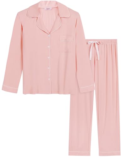 Joyaria Damen Schlafanzug Winter Pyjama für Frauen Lang Warme Nachtwäsche Lounge Set Langarm Sleepwear mit Knöpfen(Pfirsich Koralle,M) von Joyaria