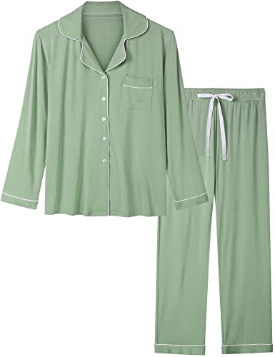 Joyaria Damen Schlafanzug Winter Pyjama für Frauen Lang Warme Nachtwäsche Lounge Set Langarm Sleepwear mit Knöpfen(Hellgrün,M) von Joyaria