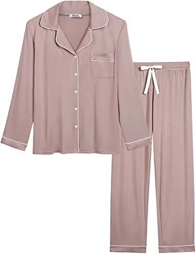 Joyaria Damen Schlafanzug Lang mit Knopfleiste/Winter Knöpfen Pyjama Langarm für Winter Nachtwäsche Hausanzug Zweiteiliger （Hellrosa,Größe XL von Joyaria