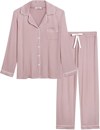 Joyaria Damen Schlafanzug Langarm Pyjama Set mit Knopfleiste Warme Loungwear Winter Hausanzug Sleepwear Zweiteiliger(Hellrosa,XL) von Joyaria