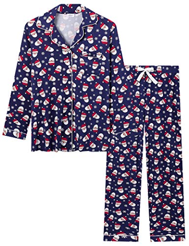 Joyaria Damen Schlafanzug Langarm Pyjama Set mit Knopfleiste Warme Loungwear Winter Hausanzug Sleepwear Zweiteiliger(Weihnachtsmann Blau,XL) von Joyaria