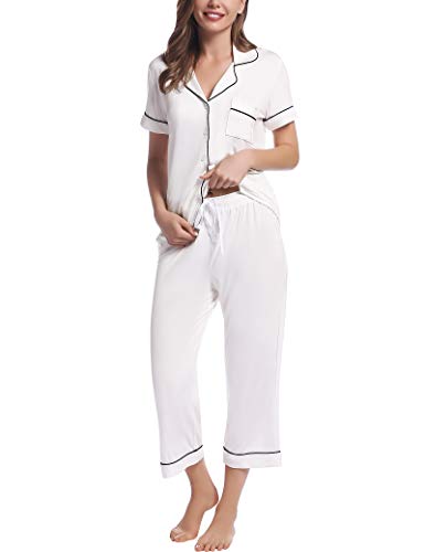 Joyaria Schlafanzug Damen Kurzarm Zweiteiliger Pyjama Set Kurz Sommer Nachtwäsche V-Ausschnitt Hausanzug Viskose Sleepwear mit Knöpfe und Caprihose(Weiß,L) von Joyaria