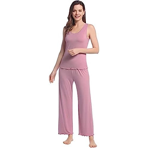 Joyaria Damen Schlafanzug Sommer Kurz Pyjama Set mit Ärmellos-Top und Lange Pyjamahose Hausanzug Zweiteilige Nachtwäsche Weich für Frauen(Staubige Rose,Größe S) von Joyaria