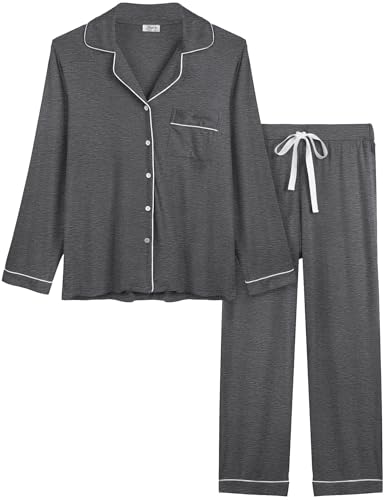 Joyaria Damen Schlafanzug Winter Pyjama für Frauen Lang Warme Nachtwäsche Lounge Set Langarm Sleepwear mit Knöpfen (Kohlefarbe, XL) von Joyaria