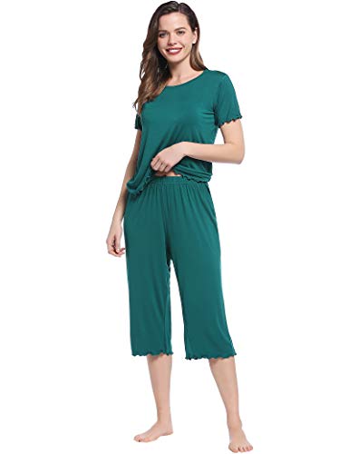 Joyaria Damen Schlafanzug für Frauen Pyjama Set Damen Hausanzug Zweiteiliger Sommer Nachtwäsche Kurzarm-Top und 3/4 Lange Caprihose(Grün,S) von Joyaria