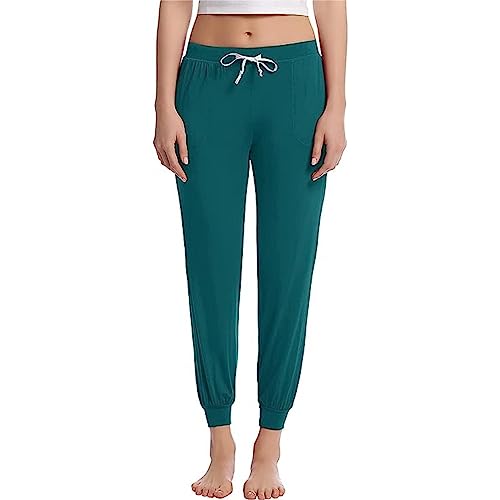 Joyaria Damen Schlafanzughose Lang Viskose aus Bambus Pyjamahose Frühling Loungehose Jogginghose Sweatpants Nachtwäsche Hose mit Taschen(Grün,S) von Joyaria