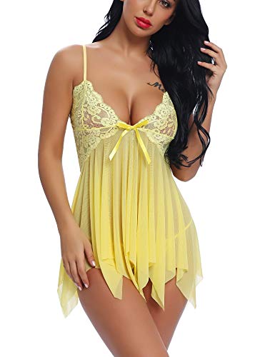 Joyaria Damen Spitze Negligee für Allerheiligen Sexy Barbie Babydoll Lingerie Nachtwäsche Kleid Dessous Unterwäsche Damen mit Panties(Gelb,S) von Joyaria