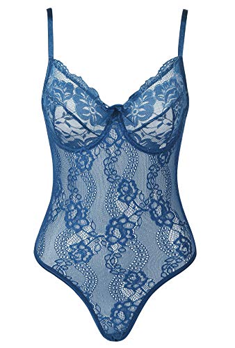 Joyaria Damen Spitze Negligee V-Ausschnitt Shapewear Bodysuit Shapewear Spitze mit Bügel(Blaugrün,L) von Joyaria