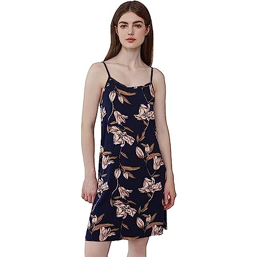 Joyaria Damen Sexy Negligee Full Slip Träger Unterkleid Sommer Slipkleid Nachtwäsche Einfarbige Unterröcke Knielang Nachthemd mit Trägern Kleider(Lily Dark Blue,L) von Joyaria