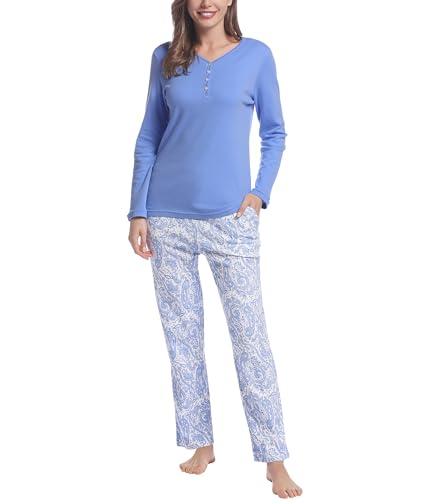 Joyaria Frottee Schlafanzug Damen Lang Christmas Pyjama-Set Flanell V-Ausschnitt Nachtwäsche Winter für Frauen Weich Hausanzug Warm Lougewear mit Knöpfen(Blau/Blumen,XL) von Joyaria