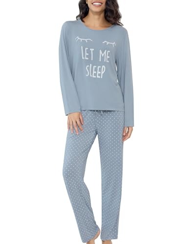 Joyaria Hausanzug Damen Kuschelig Warm Schlafanzug Lang für Frauen Pyjama Frühling Druckt Langarm Oberteile und Polka Dot Pyjama Hose Lougewear Sleepwear(Staubiges Blau,S) von Joyaria