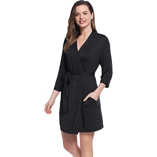 Joyaria Bademantel Damen Leicht Morgenmantel Kurz Saunamantel mit Gürtel Kimono-Kragen Sauna Kimono Robe Hausmantel Viskose aus Bambus 3/4 Ärmel(Schwarz,L) von Joyaria