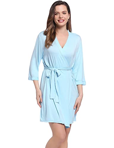 Joyaria Damen Sauna Bademantel Leicht 3/4 Ärmel Morgenmantel Kurz mit Gürtel Saunamantel Kimono Robe Hausmantel Viskose aus Bambus V-Ausschnitt(Hellblau,XXL) von Joyaria