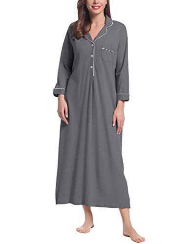 Joyaria Damen Nachthemd/Nachtkleid Baumwolle Langarm Weich Volle Länge Nachtwäsche mit Knopfleiste Jersey(Dunkelgrau,L) von Joyaria