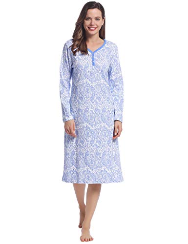 Joyaria Nachthemd Damen Flanell Langarm Baumwolle Schlafhemd Sleepshirt Lang Knöpfen Hauskleid Warm Kuschelig Oma Nachtwäsche(Blau/Blumen, Große S) von Joyaria