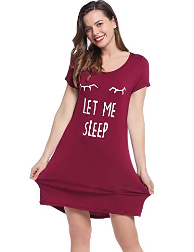 Joyaria Damen Nachthemd Kurzarm Viskose aus Bambus Süß Schlafshirt Sommer Sleepshirt T-Shirt Schlafhemd Weiche Frauen Nachtwäsche Nachtkleid Sleepwear(Weinrot,S) von Joyaria