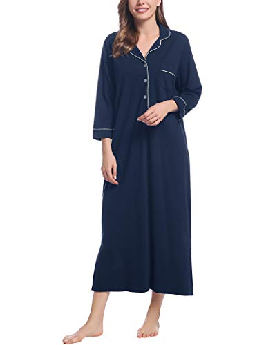 Joyaria Damen Nachthemd Langarm Elegant Sleepshirt Weich Schlafkleid Lange Nachthemden Warm Nachtkleid Locker Sleepwear V-Ausschnitt(Marineblau,S) von Joyaria