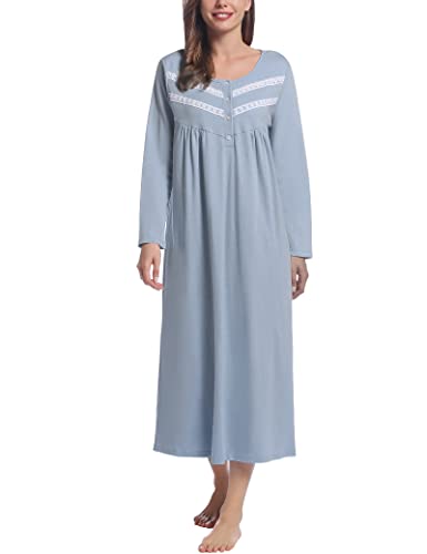 Joyaria Nachthemd Damen Langarm Nachthemden Lang Schlafkleid Baumwolle Hauskleid Leicht Nachtgewand(Staubiges Blau,S) von Joyaria