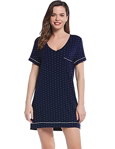 Joyaria Nachthemd Damen Leicht Nachkleid Kurzarm Sommer Schlafshirt Viskose Schlafhemd Kurz Sleepshirt Coole Nachtwäsche Weicht Sleepwear(Marine Tupfen,S) von Joyaria
