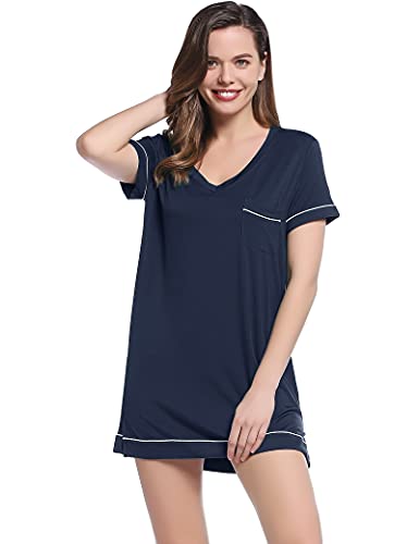 Joyaria Nachthemd Damen Sommer Schlafshirt Kurzarm Nachtkleid Coole Schlafhemd Leicht Sleepshirt Weicht Nachtwäsche Viskose Sleepwear(Marineblau,XL) von Joyaria