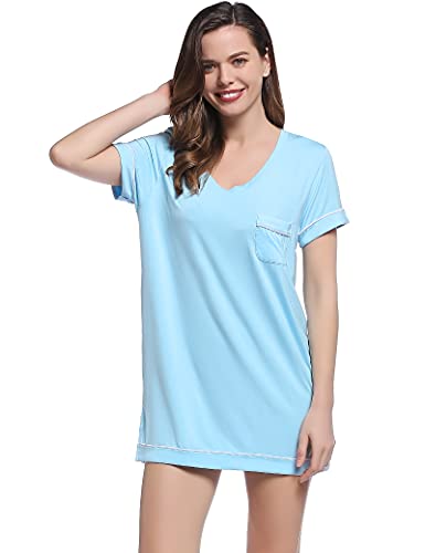 Joyaria Damen Nachthemd Kurz Schlafshirt Viskose Schlafhemd Sommer Nachtkleid Leicht Nachtwäsche Bequme Sleepshirt Coole Schlafshirt(Hellblau,L) von Joyaria