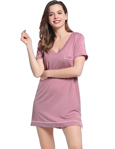 Joyaria Damen Nachthemd Kurz Schlafshirt Viskose Schlafhemd Sommer Nachtkleid Leicht Nachtwäsche Bequme Sleepshirt Coole Schlafshirt(Staubige Rosa,L) von Joyaria