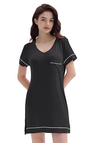 Joyaria Nachthemd Damen Sexy Schlafhemd Kurzarm Nachtkleid Sommer Sleepshirt Coole Schlafshirt Leicht Nachtwäsche Weicht Sleepwear(Schwarz,XXL) von Joyaria