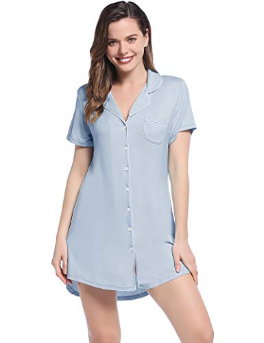 Joyaria Nachthemd Kurz Knöpfe, Baumwolle Nachtwäsche Kurzarm mit Knopfleiste V-Ausschnitt Schlafshirt Frauen Kurze(Staubiges Blau，M) von Joyaria