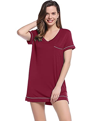 Joyaria Nachthemd Damen Sexy Schlafhemd Kurzarm Nachtkleid Sommer Sleepshirt Coole Schlafshirt Leicht Nachtwäsche Weicht Sleepwear(Weinrot,XXL) von Joyaria