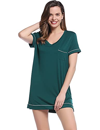 Joyaria Nachthemd Damen Sommer Schlafshirt Kurzarm Nachtkleid Coole Schlafhemd Leicht Sleepshirt Weicht Nachtwäsche Viskose Sleepwear(Grün,XL) von Joyaria