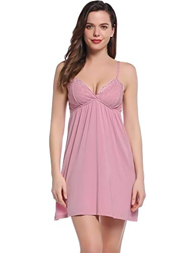 Joyaria Nachtkleid Spitze Nachthemd Damen Negligee Baumwolle Nachtwäsche Schlafkleid Nachtkleid(Rosa,Größe XL) von Joyaria