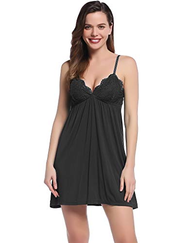 Joyaria Nachtkleid Spitze Negligee Nachthemd Damen Baumwolle Nachtwäsche Schlafkleid Nachtkleid(Schwarz,Größe M) von Joyaria